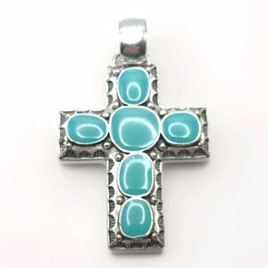 Gorgeous Vintage Silver Tone Faux Turquoise Southwestern Cross Pendant 2.5" Gift